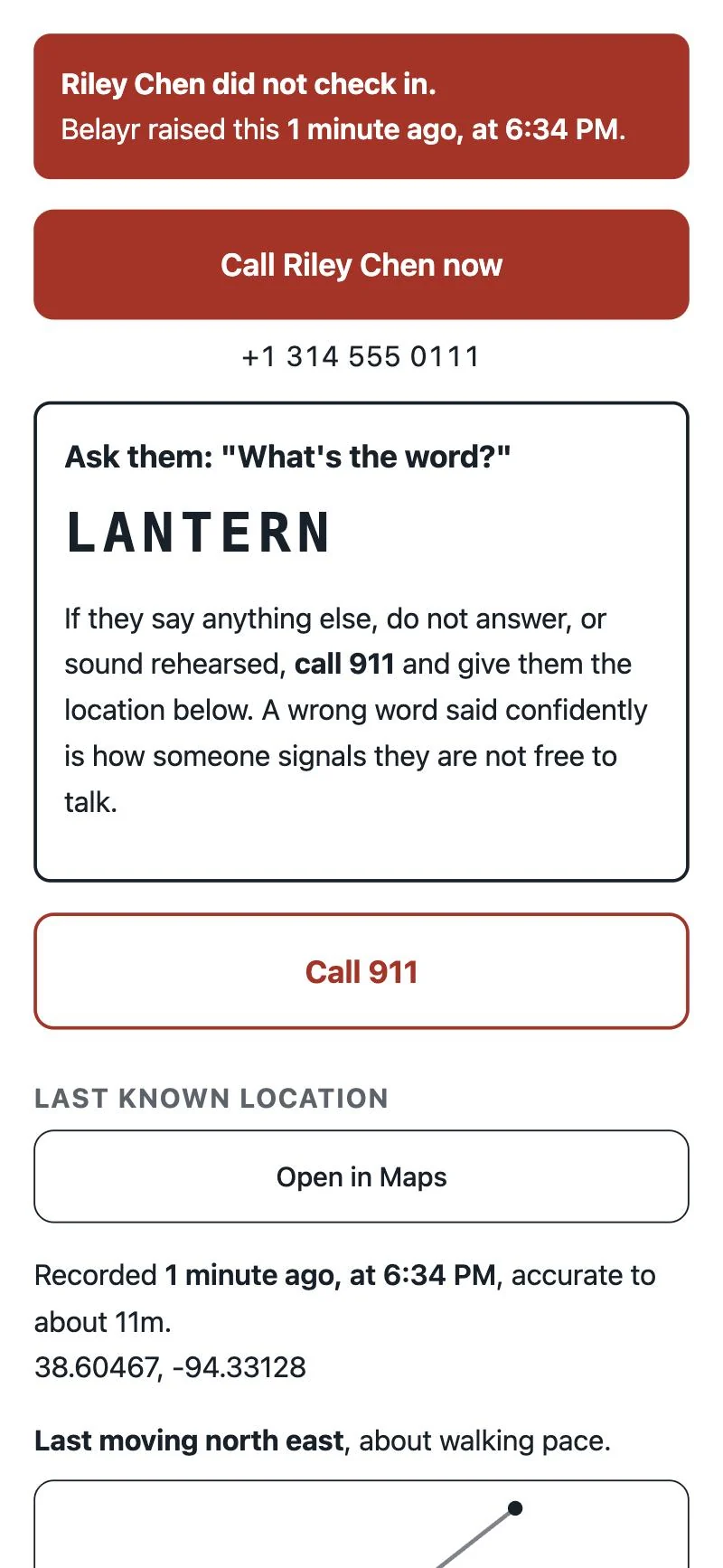 The page a Belayr contact opens, headed "Riley Chen did not check in", with a call button, the safe word LANTERN, a call 911 button and the last known location.