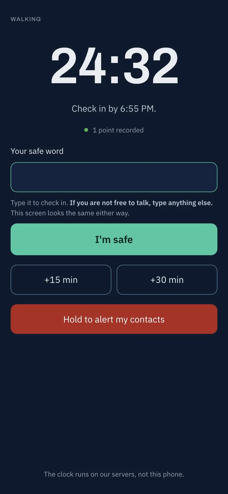 A running Belayr timer showing 24 minutes 32 seconds left, a safe word box, and buttons to check in, add time, or alert contacts now.