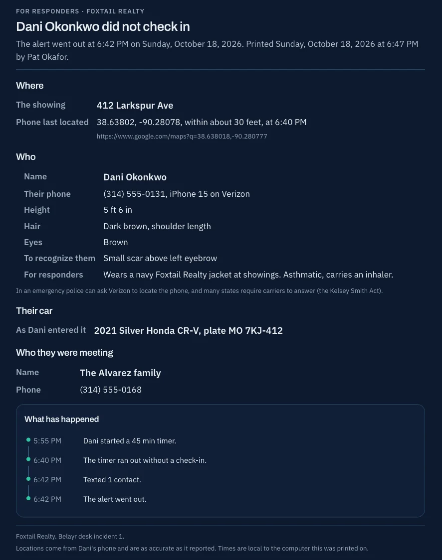 A Belayr responder page for Dani Okonkwo: the showing address, the phone's last location and map link, her description and car, who she was meeting, and a timeline of the alert.