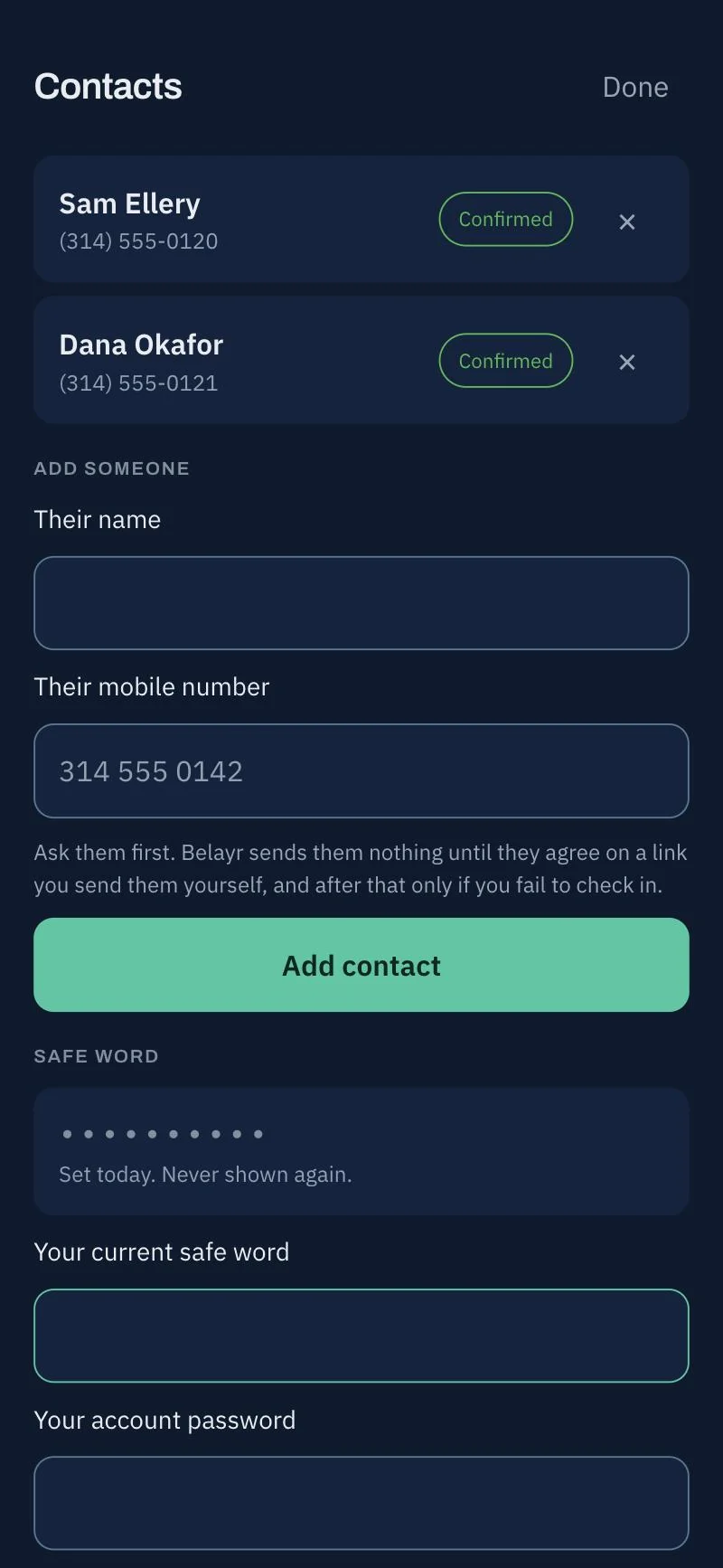The Belayr contacts screen with two confirmed contacts and a safe word section showing dots instead of the word, labelled "Set today. Never shown again."