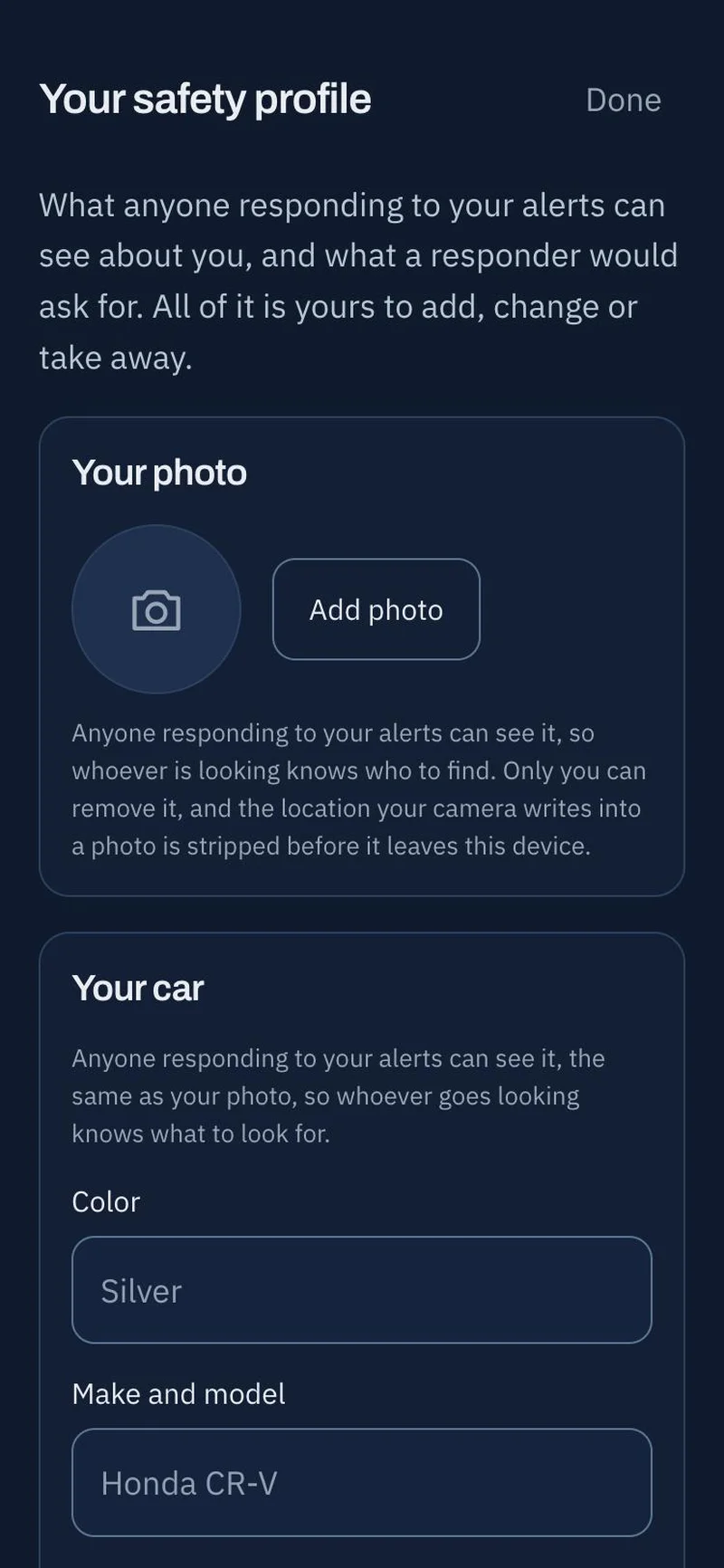 The Belayr safety profile screen showing fields for a photo, physical description, and vehicle details that contacts receive in an alert.