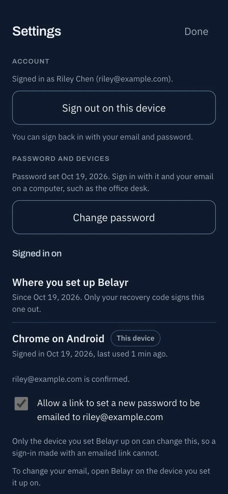 The Belayr settings screen with options for default timer duration, home address, notification preferences, and a section to delete your data.
