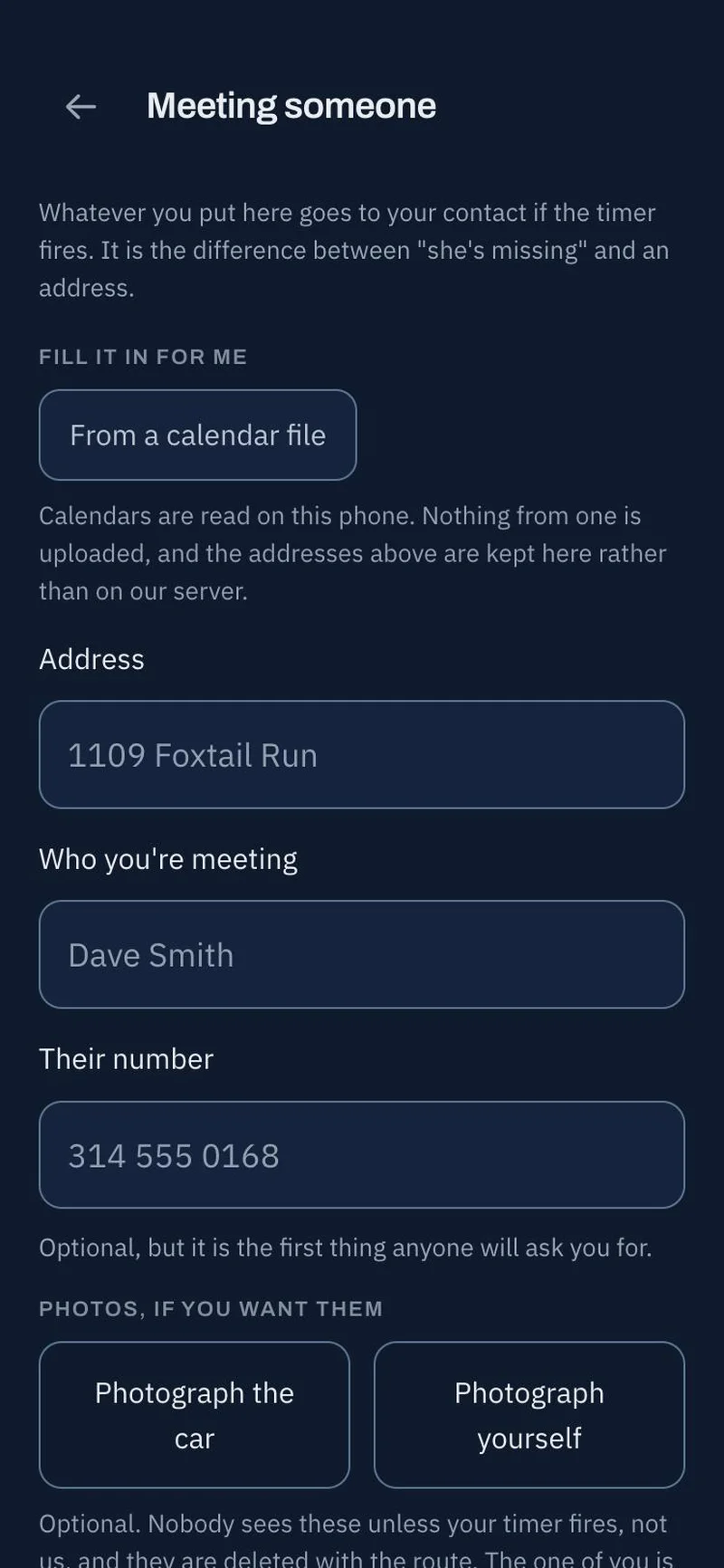 The Belayr app with Showing a house selected, a timer duration, and a destination address field.