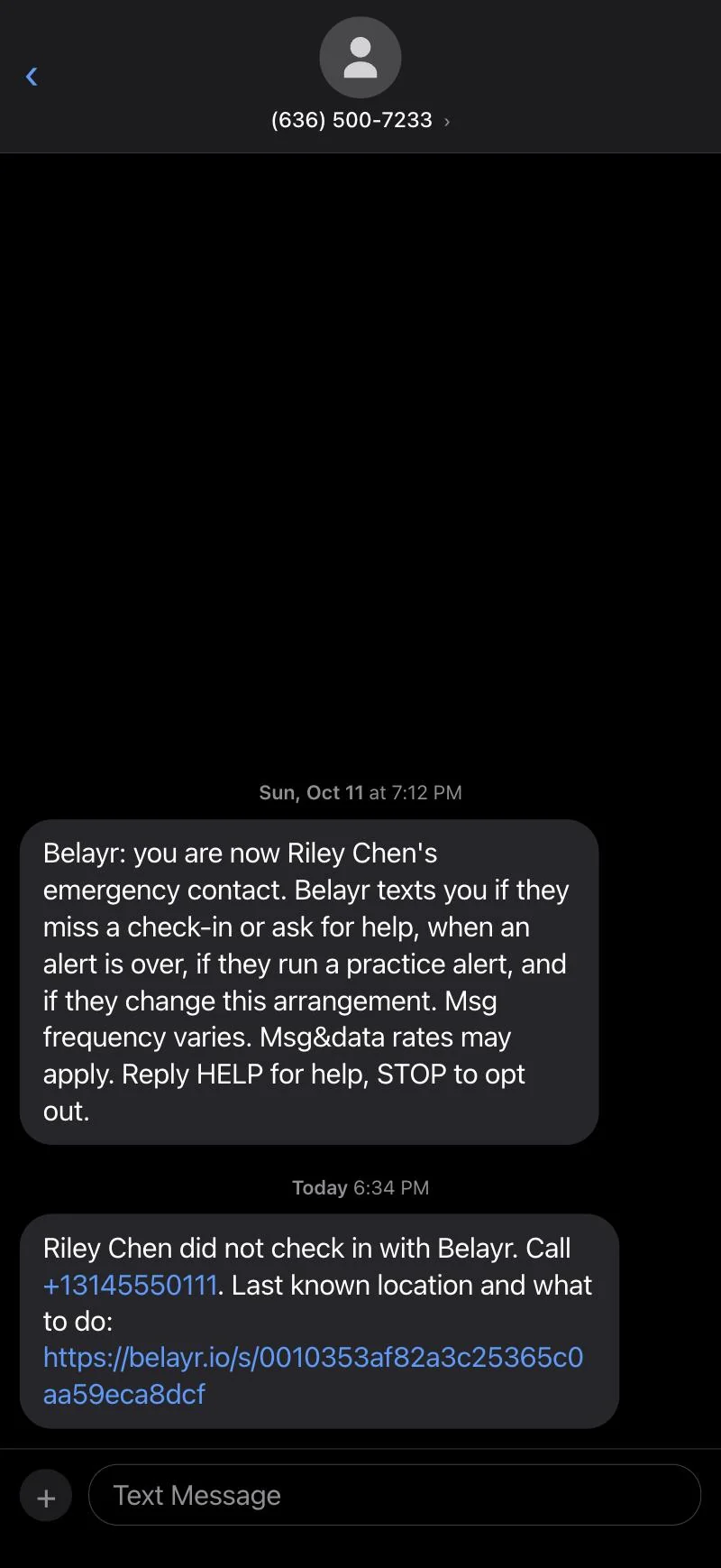 A phone text thread from (636) 500-7233 reading "Riley Chen did not check in with Belayr", with a phone number to call and a link.
