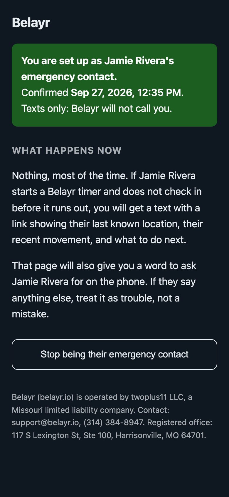 The page after a contact ticks the text message box and taps Yes: You are set up as Jamie Rivera's emergency contact, the time it was confirmed, Texts only: Belayr will not call you, and a button to stop being their emergency contact.
