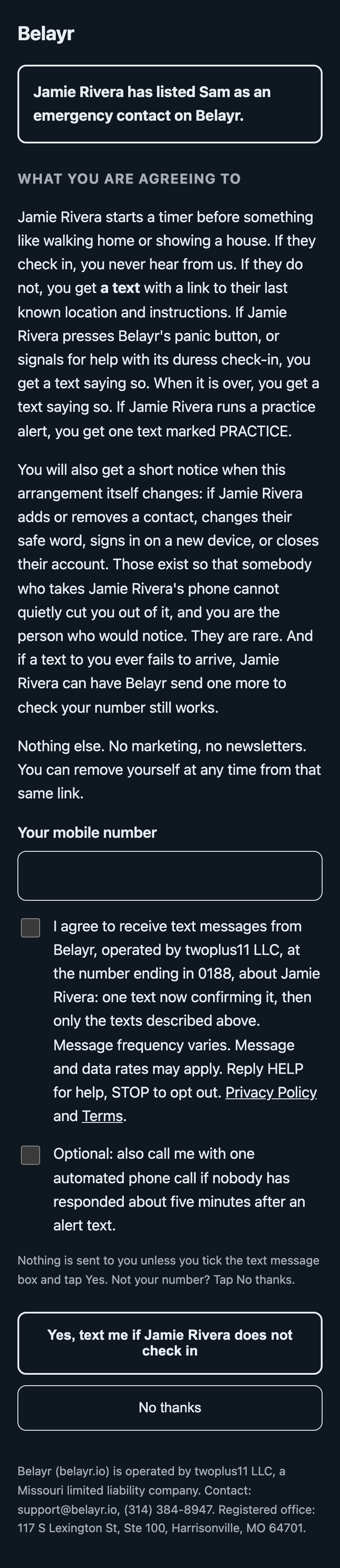 The Belayr confirmation page a contact opens from the link. It explains every text they could receive, then asks for their mobile number and shows an unticked box agreeing to receive text messages with message frequency, rates, HELP, STOP and links to the Privacy Policy and Terms, a separate unticked optional box for an automated phone call, a button reading Yes, text me if Jamie Rivera does not check in, and a button reading No thanks.