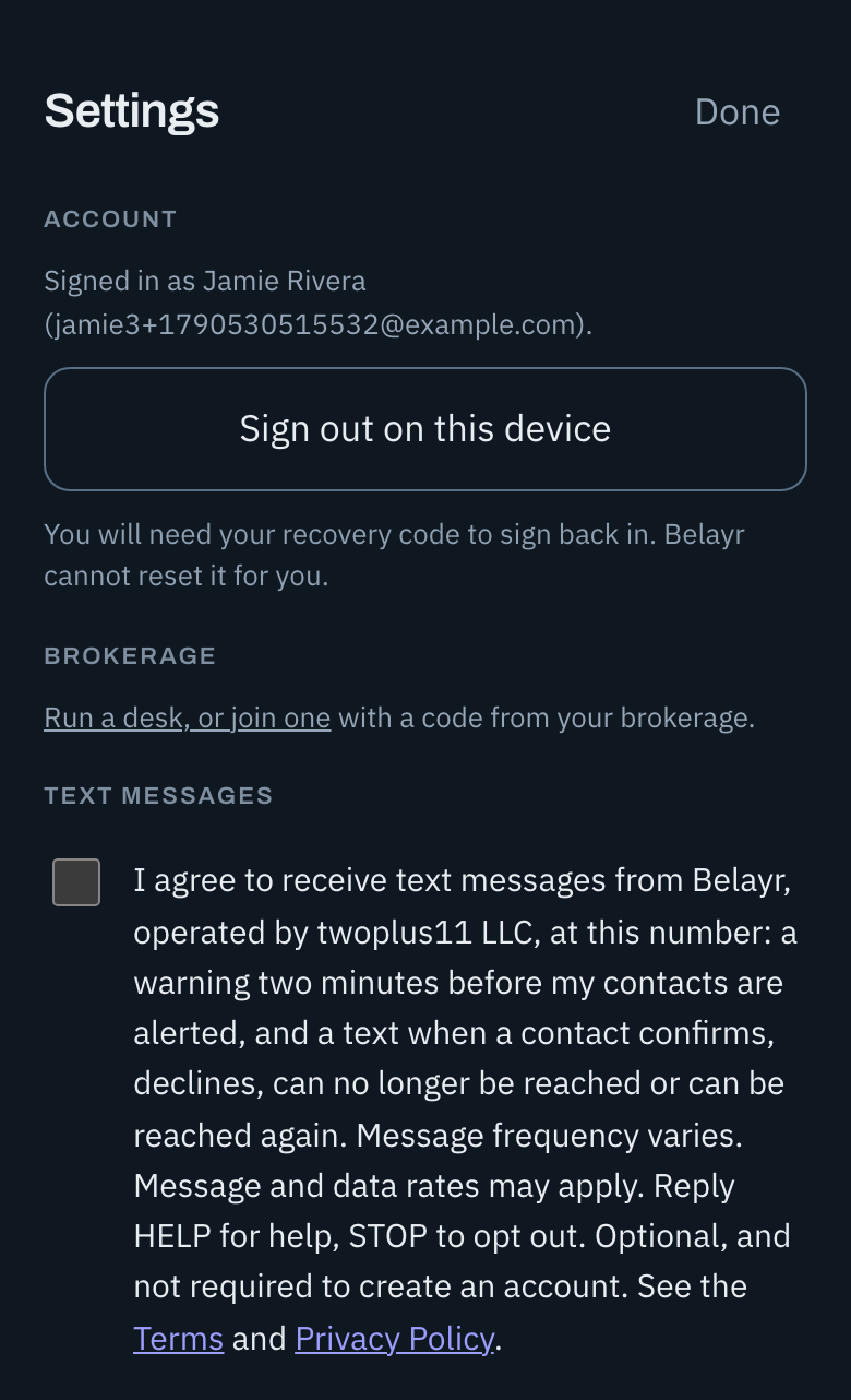 The Settings screen of a signed-in account holder who left the text message box unticked at sign-up. Its Text messages section shows the same unticked box with the same wording quoted above and links to the Terms and Privacy Policy.