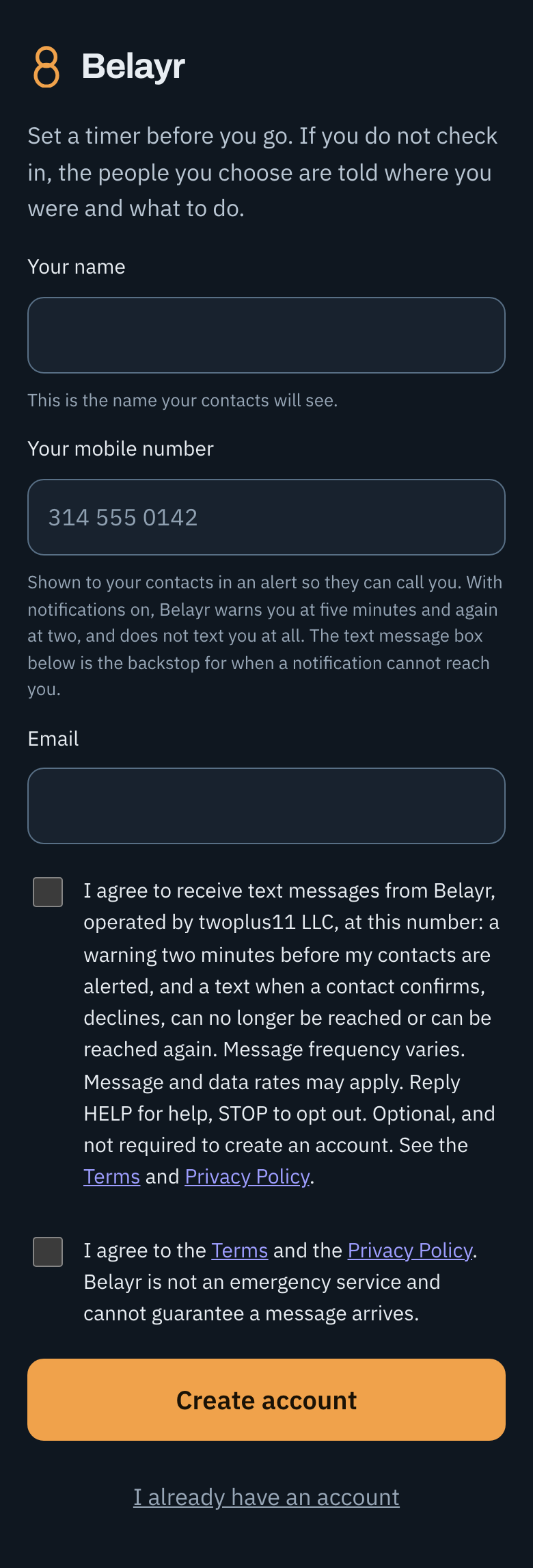 The Belayr sign-up form: name, mobile number and email fields, then an unticked, optional box agreeing to receive text messages, with the wording quoted above and links to the Terms and Privacy Policy, a separate unticked box agreeing to the Terms and Privacy Policy, and a Create account button.